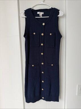 Caroline Constas Navy Sleeveless Knit Button-Front Dress